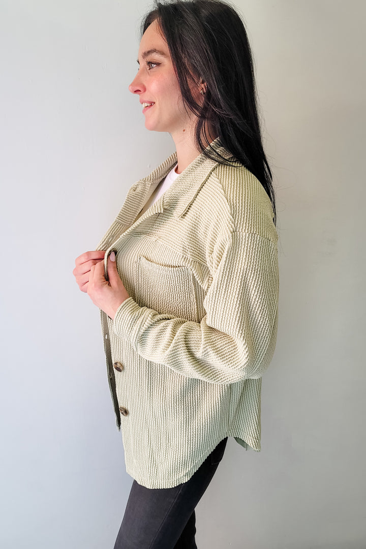 Mint Ribbed Cord Button Shacket
