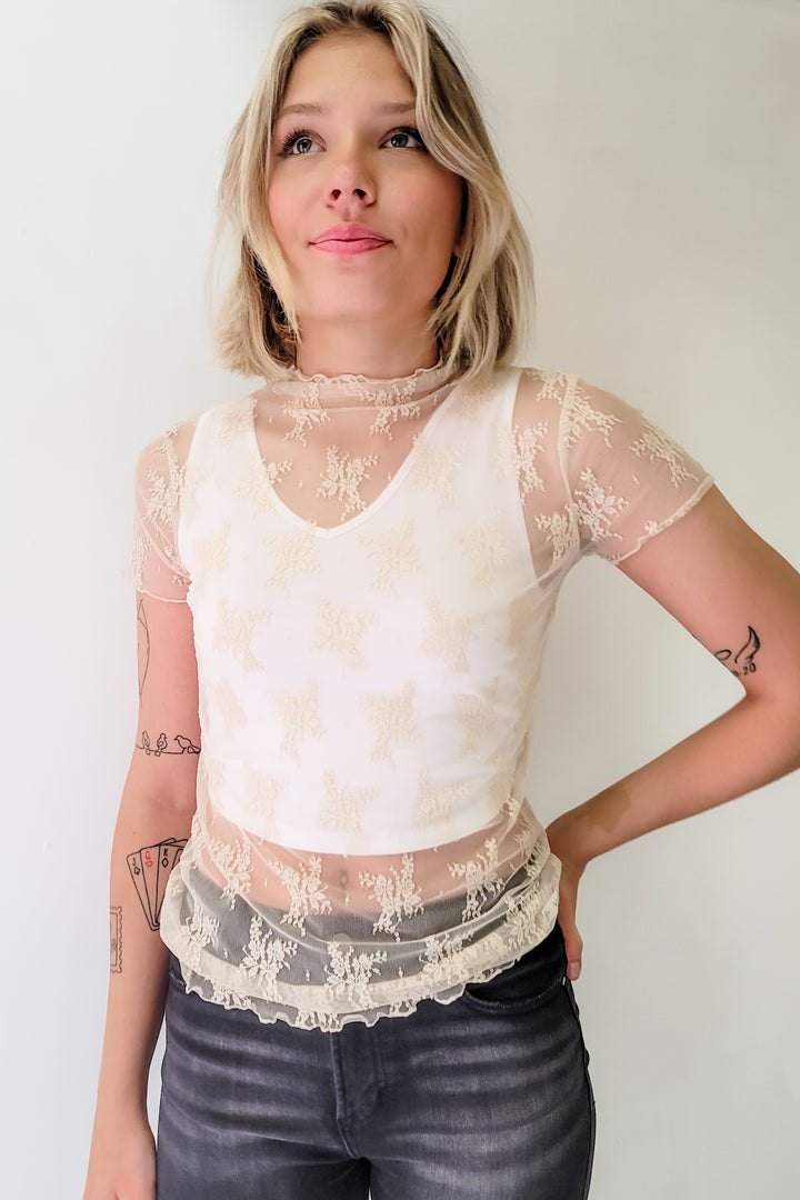 Cream Floral Lace Mesh Short Sleeve Layering Top