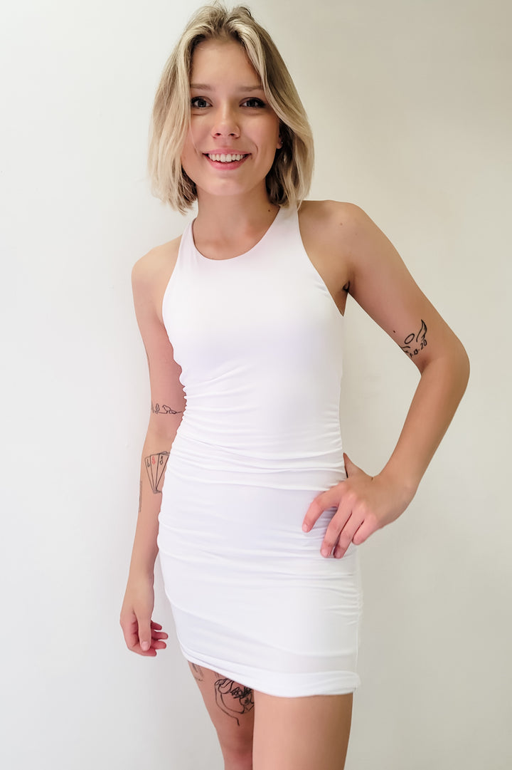 White Ruched Racerback Sleeveless Mini Dress