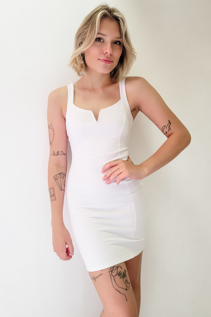 White Square Notch Neck Ponte Knit Sleeveless Mini Dress