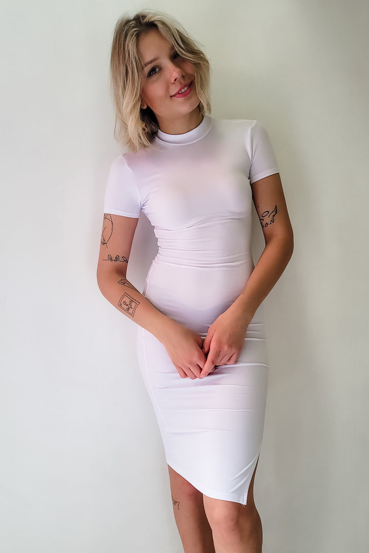 White Mock Neck Short Sleeve Midi Dress