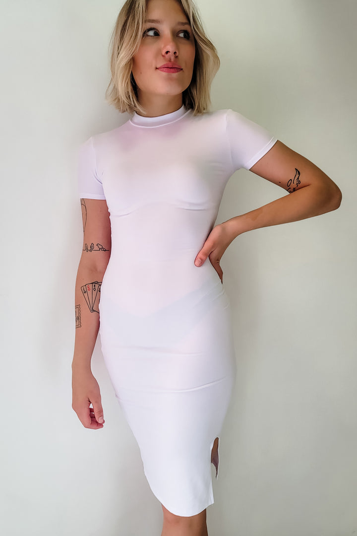 White Mock Neck Short Sleeve Midi Dress