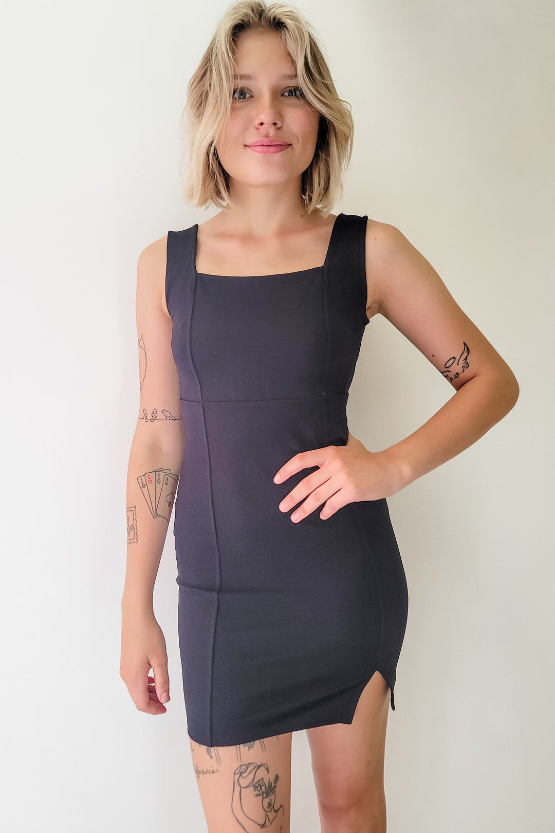 Black Square Neck Ponte Mini Dress