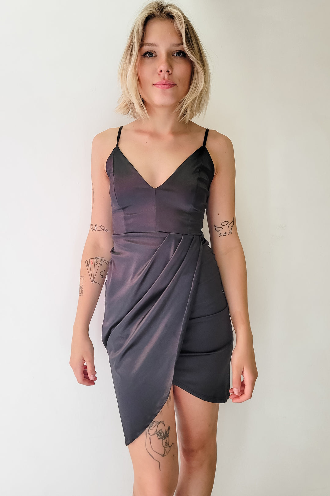 Black V Neck Satin Tulip Hem Satin Mini Dress