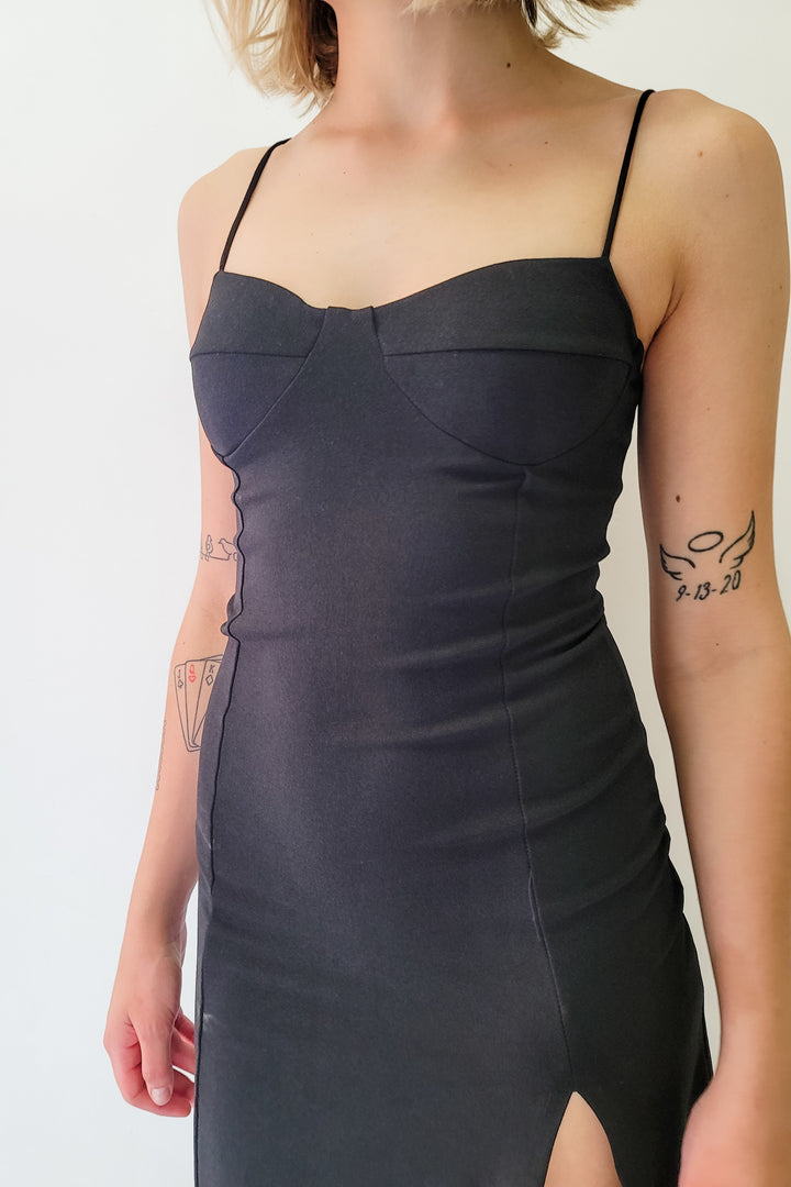 Black Sleeveless Bustier Bra Cap Cami Flare Midi Dress