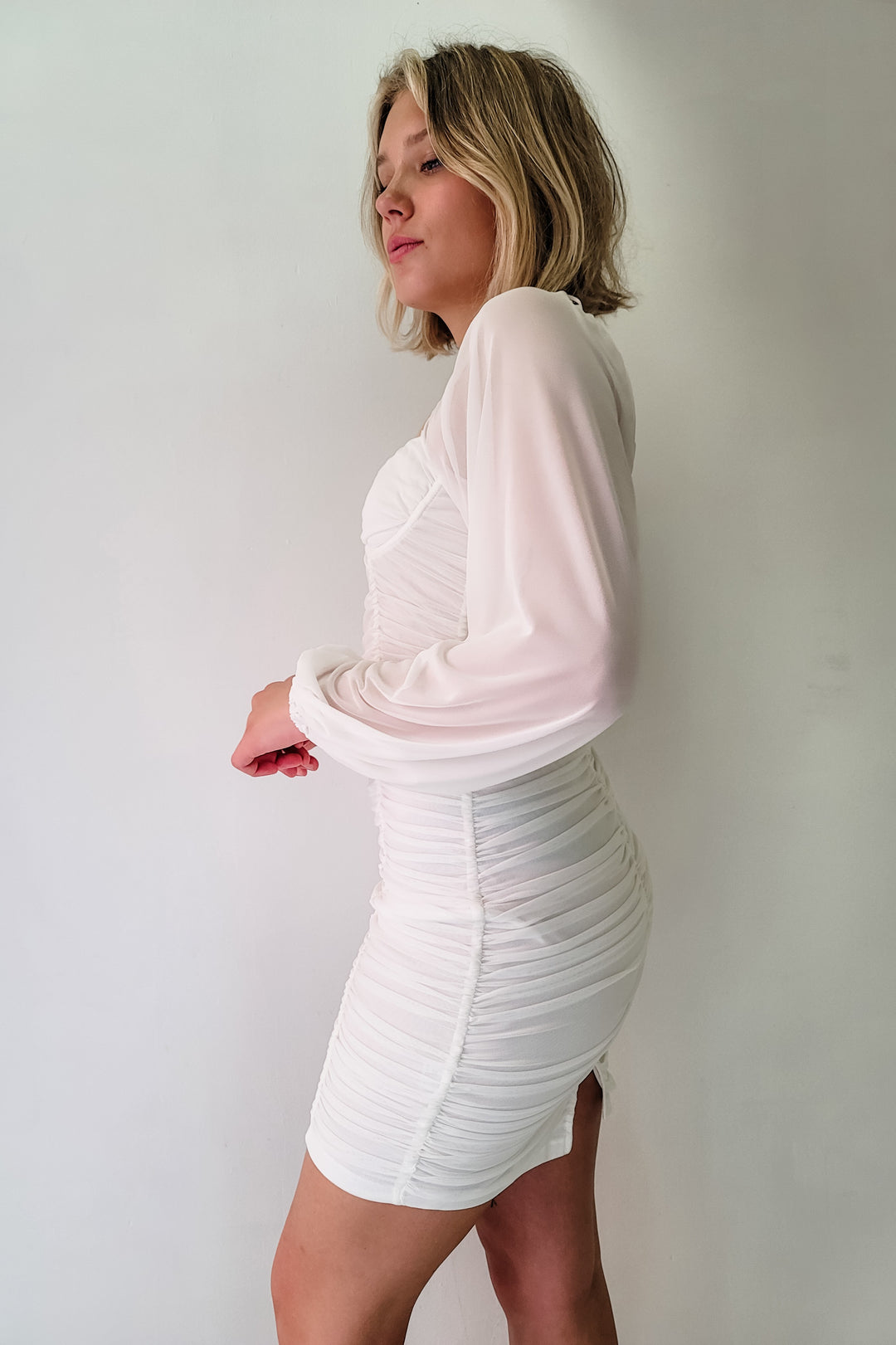 White Bodycon Mesh LS Mini Dress