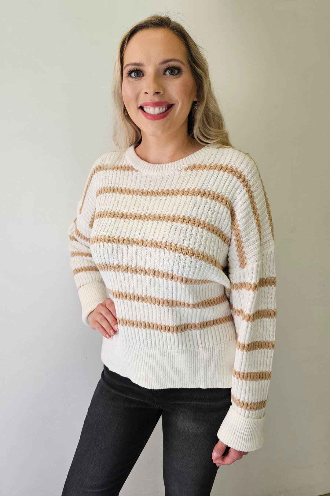 Ivory & Taupe Striped Knit Sweater