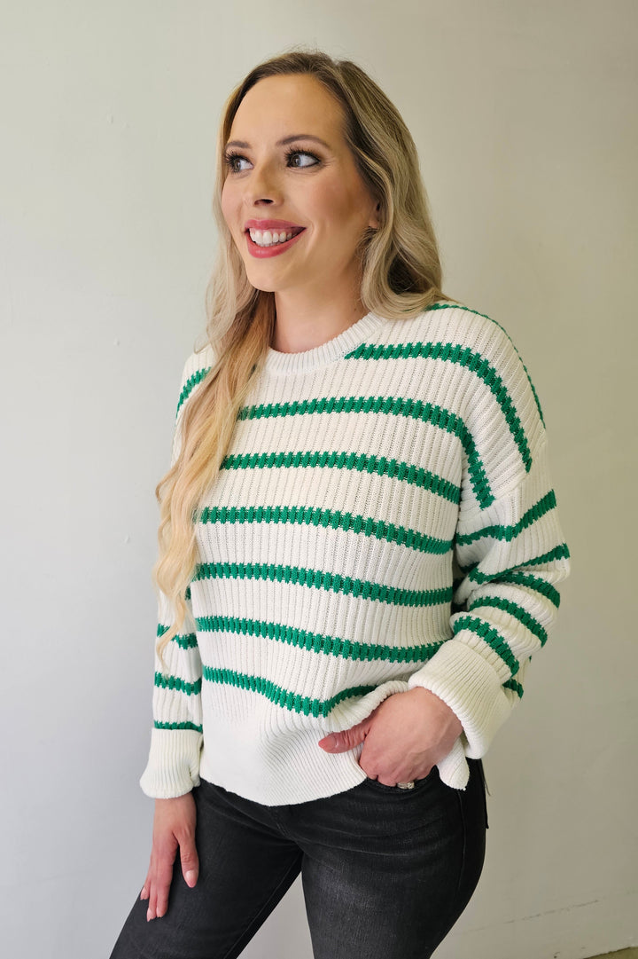 Ivory & Green Striped Knit Sweater