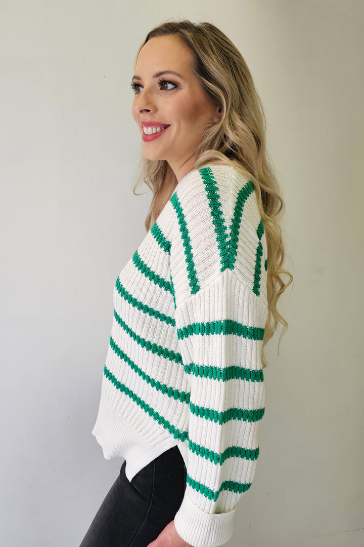 Ivory & Green Striped Knit Sweater