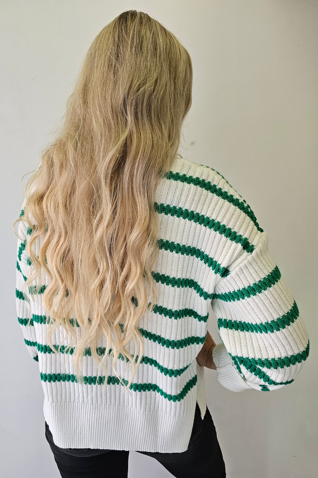 Ivory & Green Striped Knit Sweater