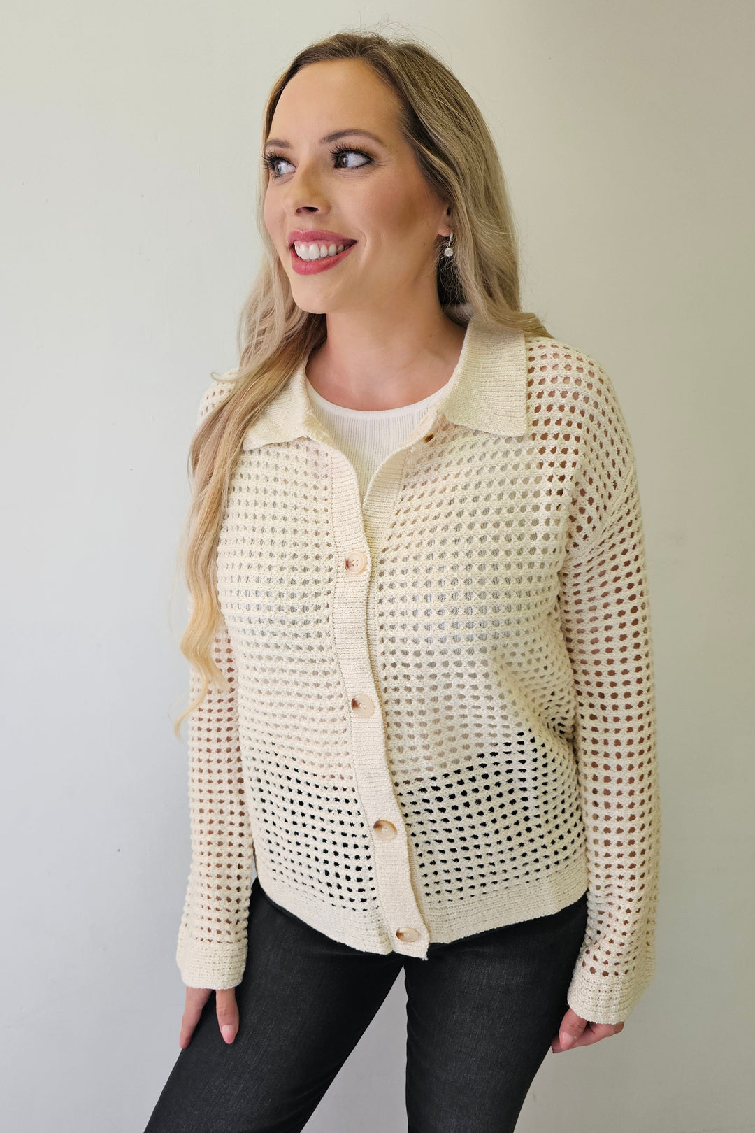 Ivory Open Stitch Crochet Collar Cardigan