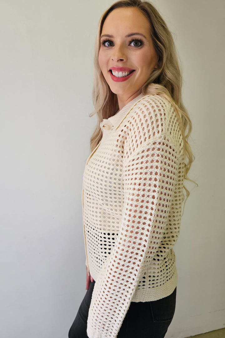 Ivory Open Stitch Crochet Collar Cardigan