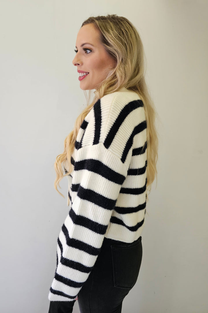 Ivory & Black Striped Sweater Button Cardigan