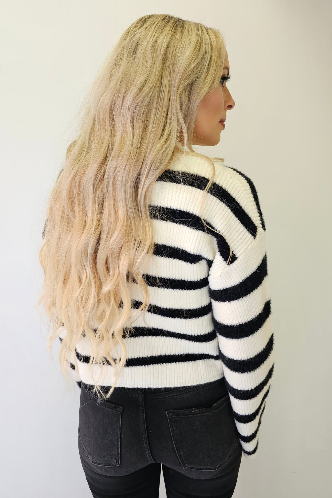 Ivory & Black Striped Sweater Button Cardigan