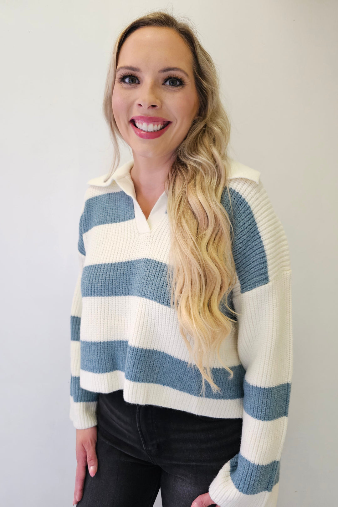 Ivory & Blue Stripe Collared Sweater