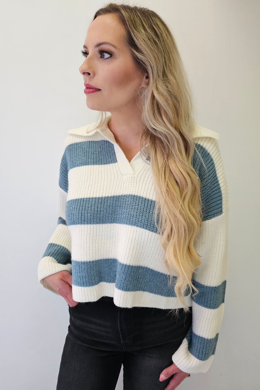 Ivory & Blue Stripe Collared Sweater