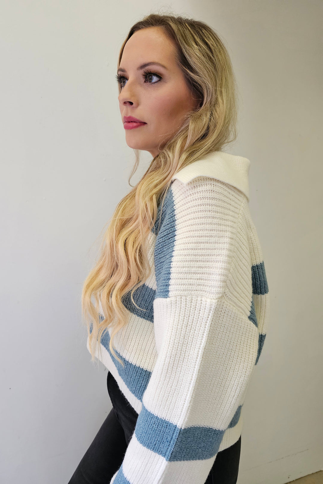 Ivory & Blue Stripe Collared Sweater