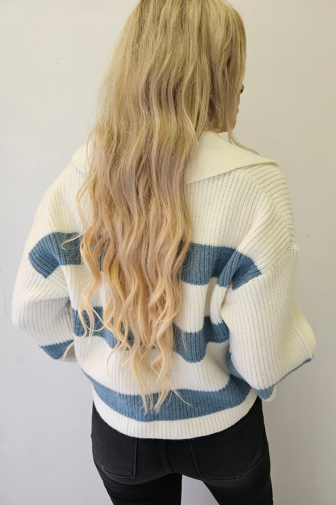 Ivory & Blue Stripe Collared Sweater