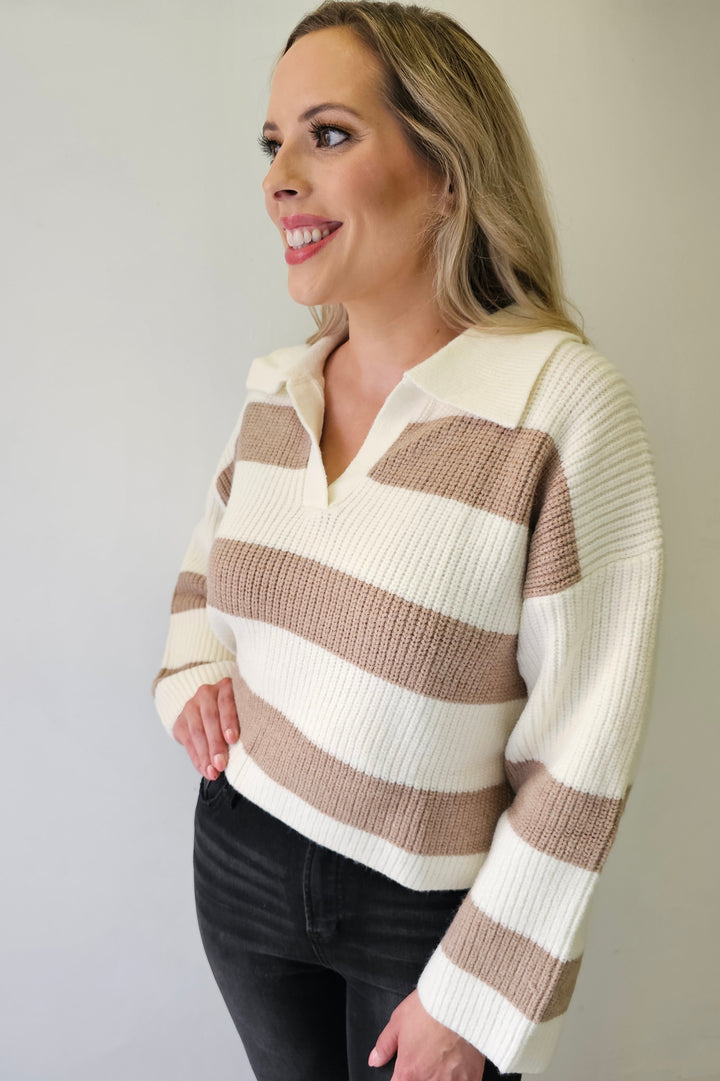 Ivory & Taupe Stripe Collared Sweater