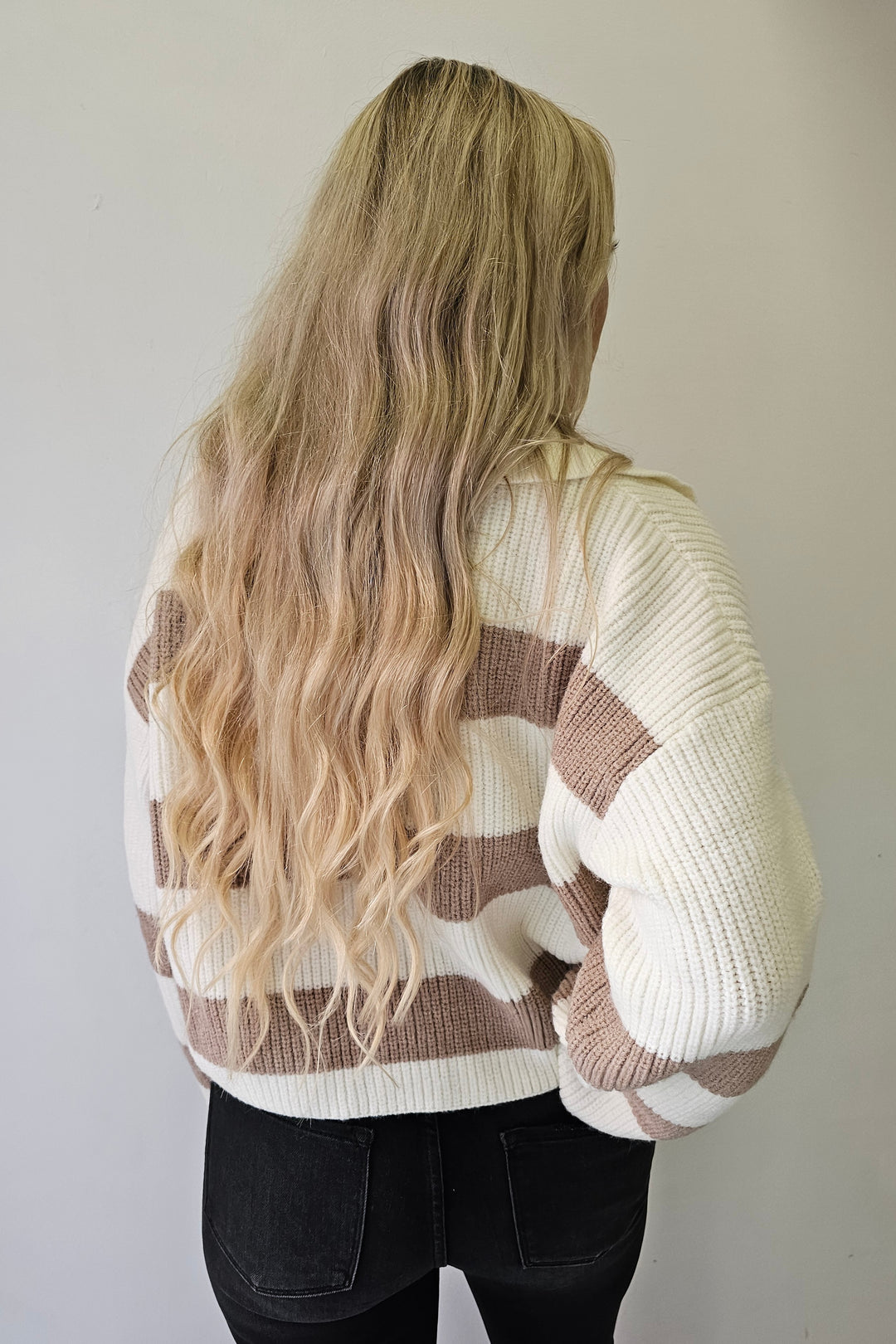 Ivory & Taupe Stripe Collared Sweater