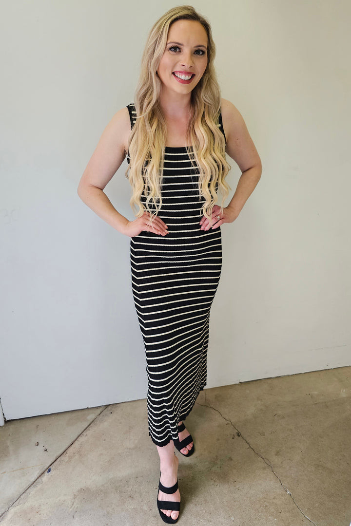 Black & Off White Stripe Knit Maxi Dress