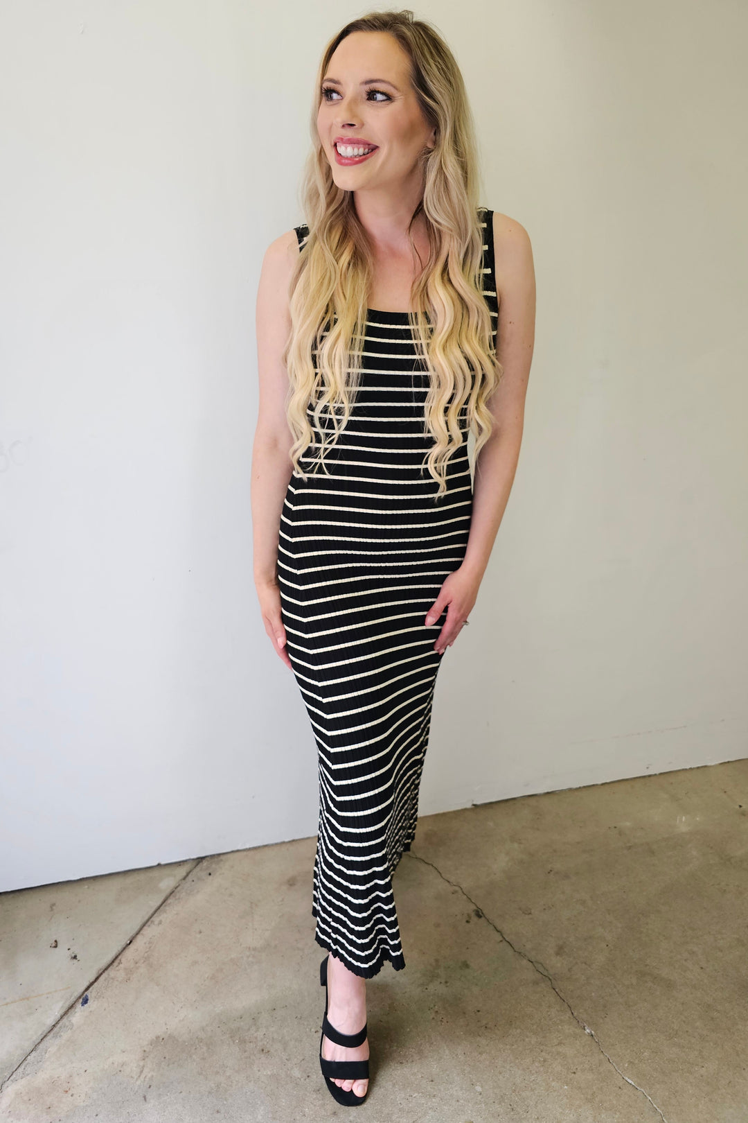 Black & Off White Stripe Knit Maxi Dress