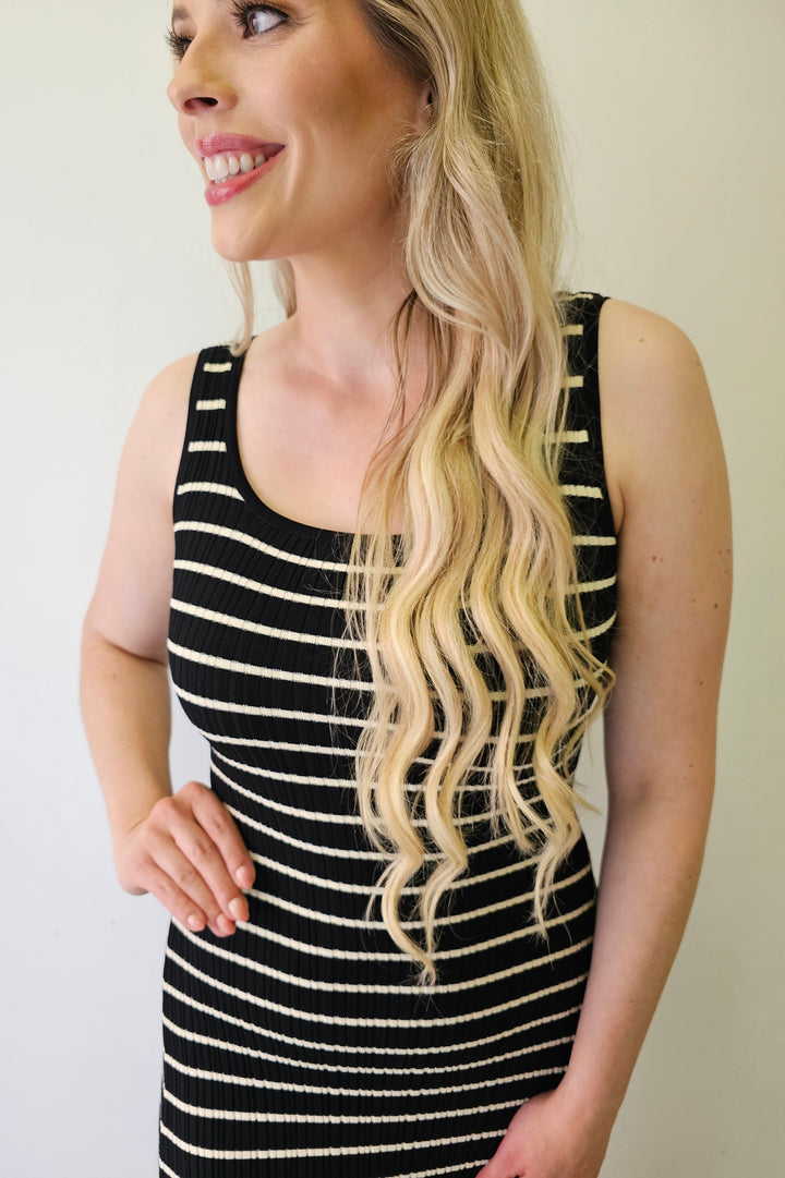 Black & Off White Stripe Knit Maxi Dress