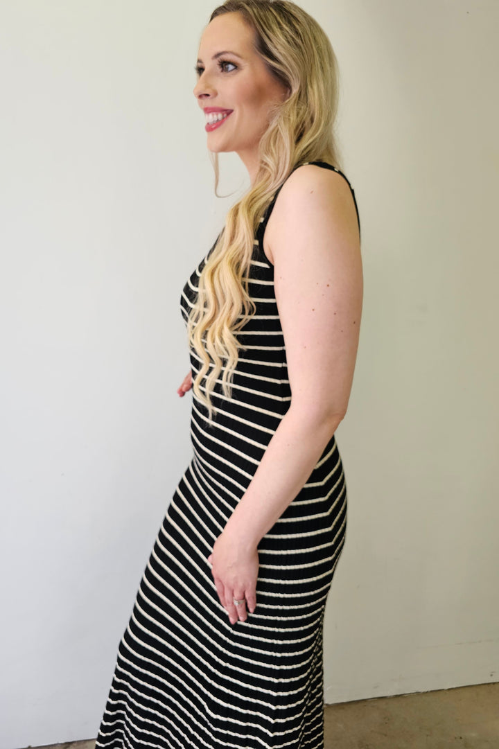 Black & Off White Stripe Knit Maxi Dress