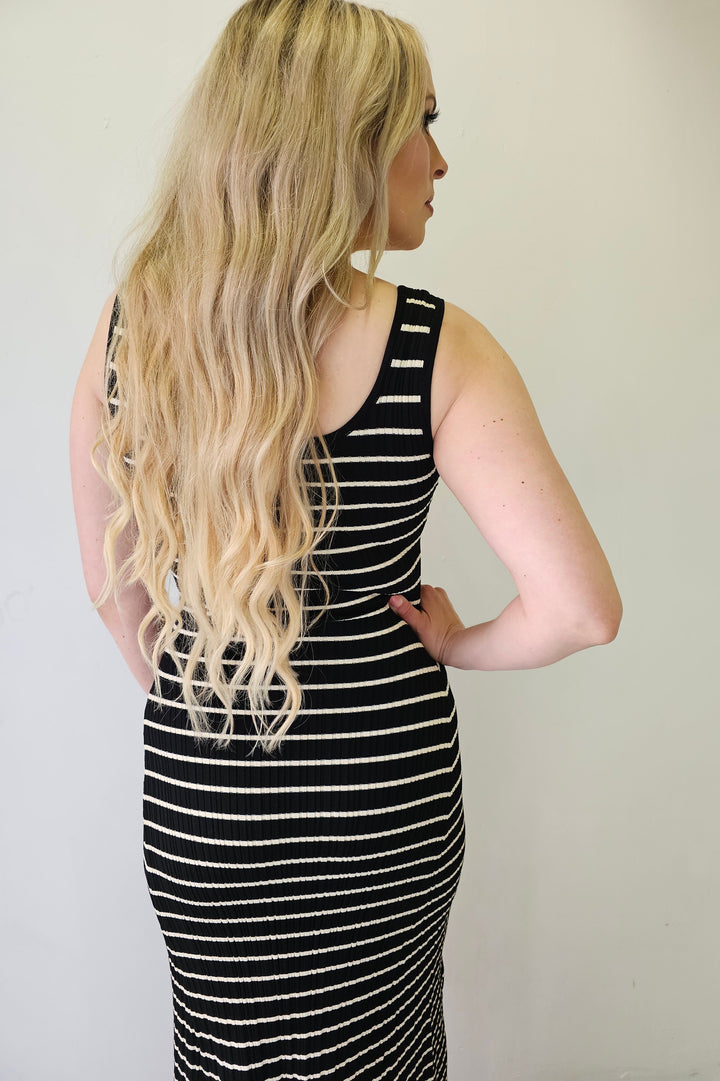 Black & Off White Stripe Knit Maxi Dress