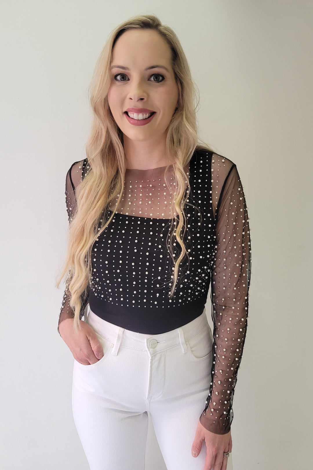 Black Pearl Rhinestone Detail Sheer Mesh Top