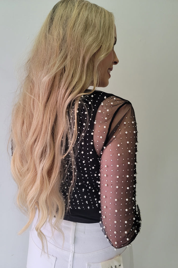 Black Pearl Rhinestone Detail Sheer Mesh Top