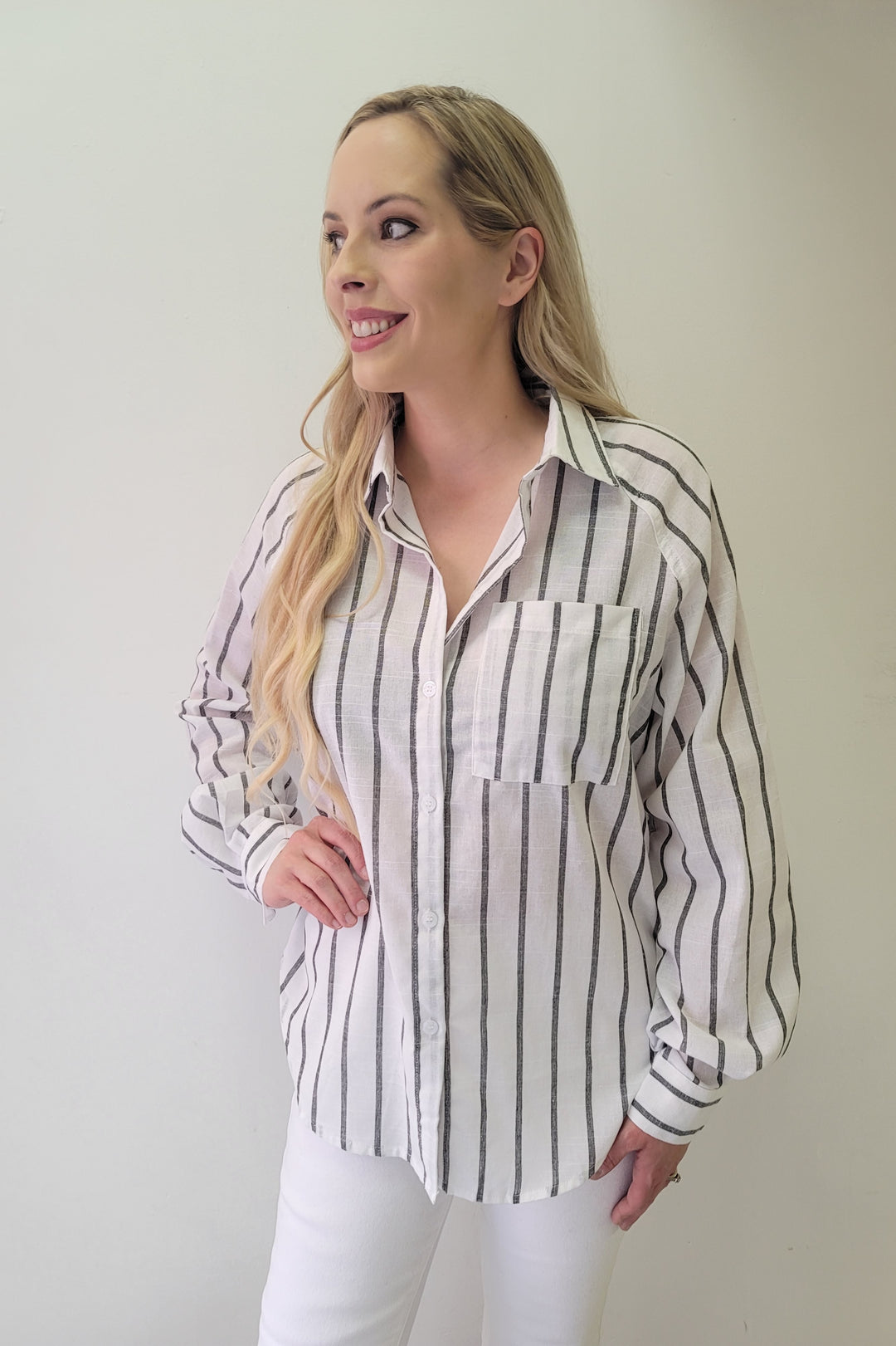 White & Black Stripe Button Oversize Shirt