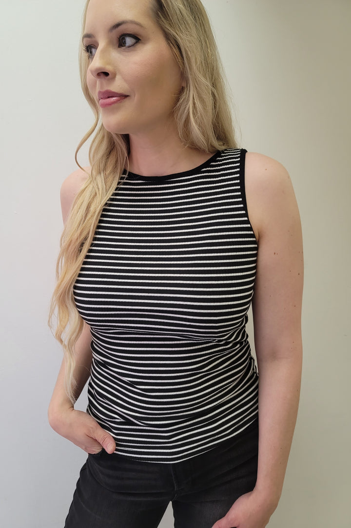 White Striped Print Ribbed Knit Sleeveless  Top