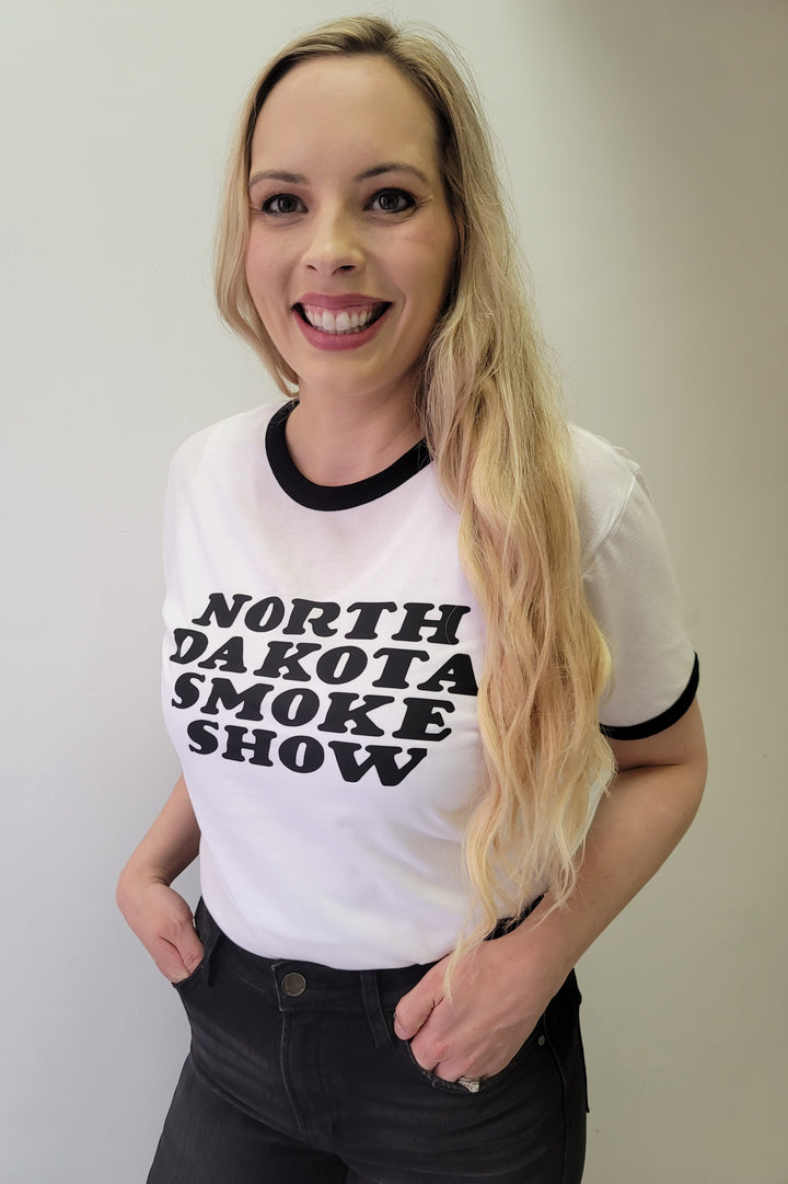 White North Dakota Smoke Show Graphic Ringer Tee