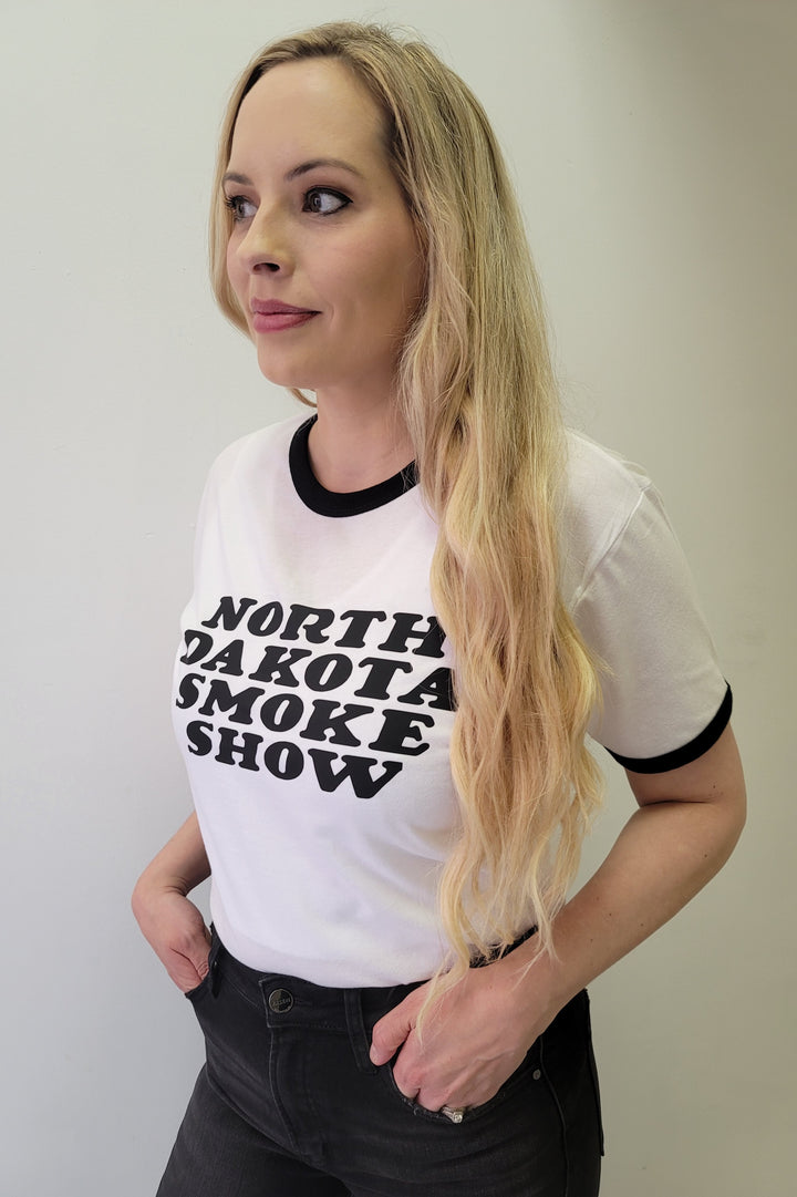 White North Dakota Smoke Show Graphic Ringer Tee