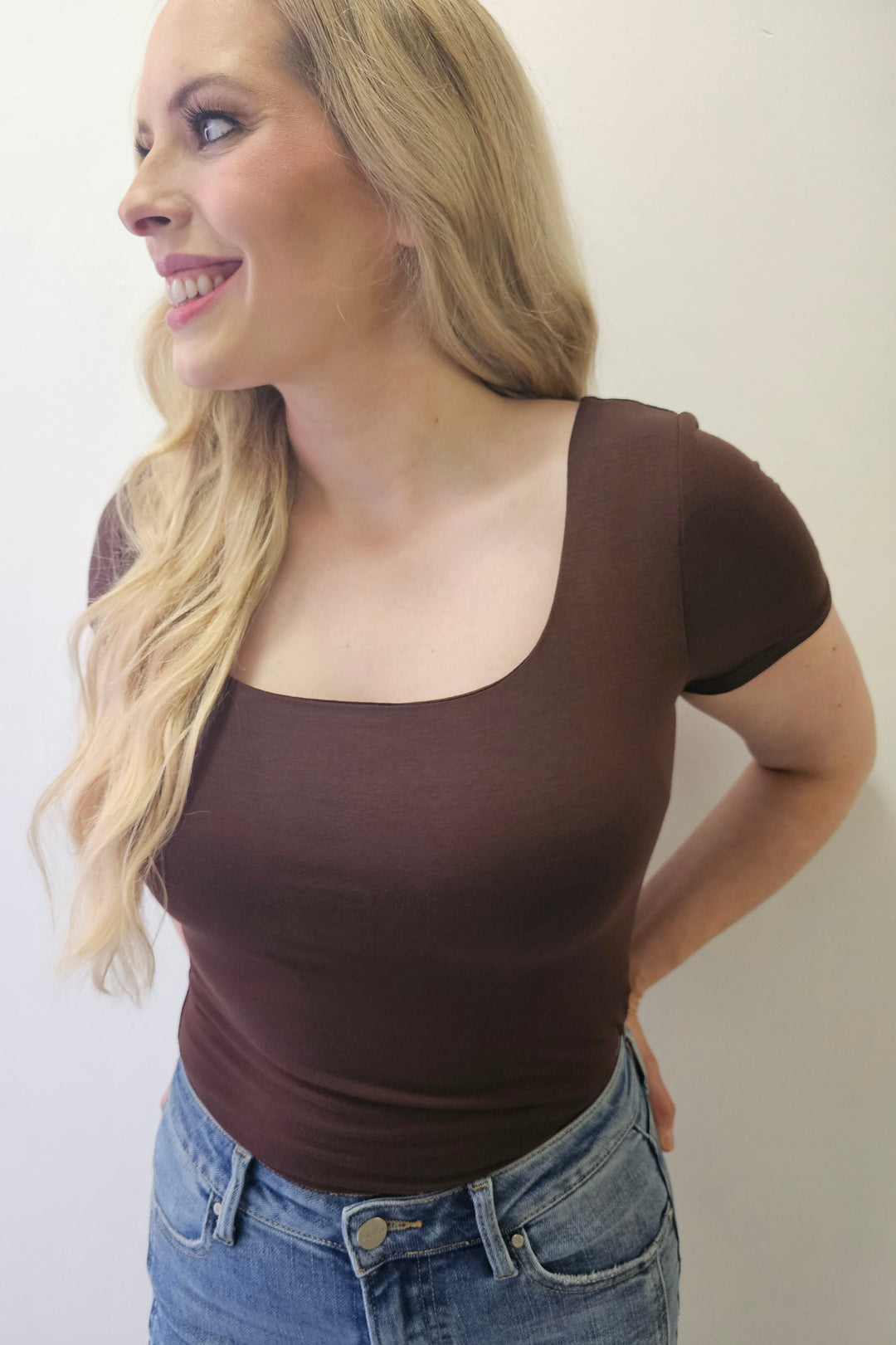 Light Brown Rayon Modal Scoop Neck Short Sleeve Basic Top