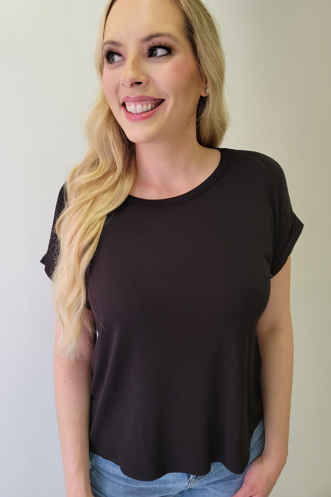 Black Rayon Modal Drop Shoulder Crew Neck Top