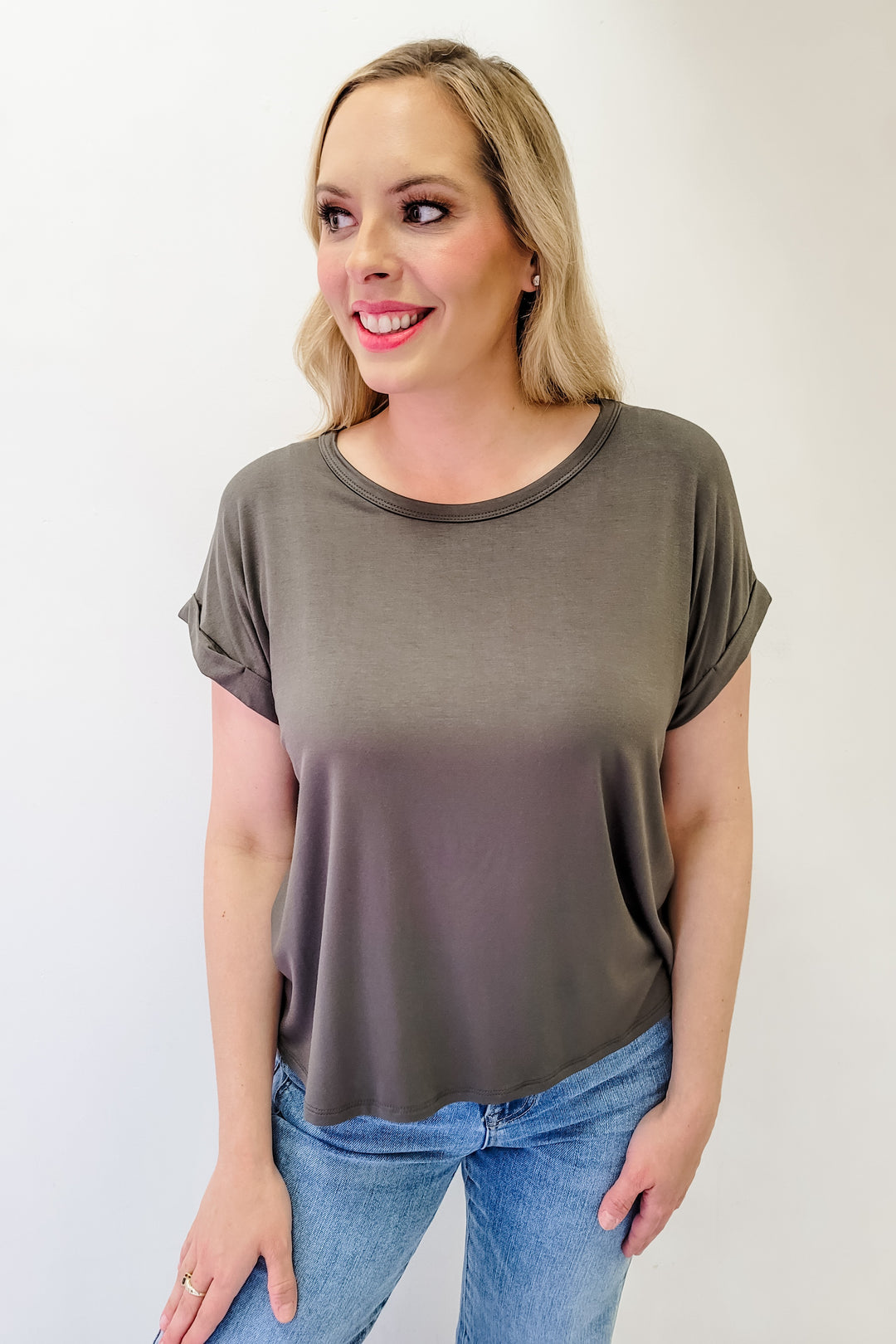 Metal Gray Rayon Modal Drop Shoulder Crew Neck Top