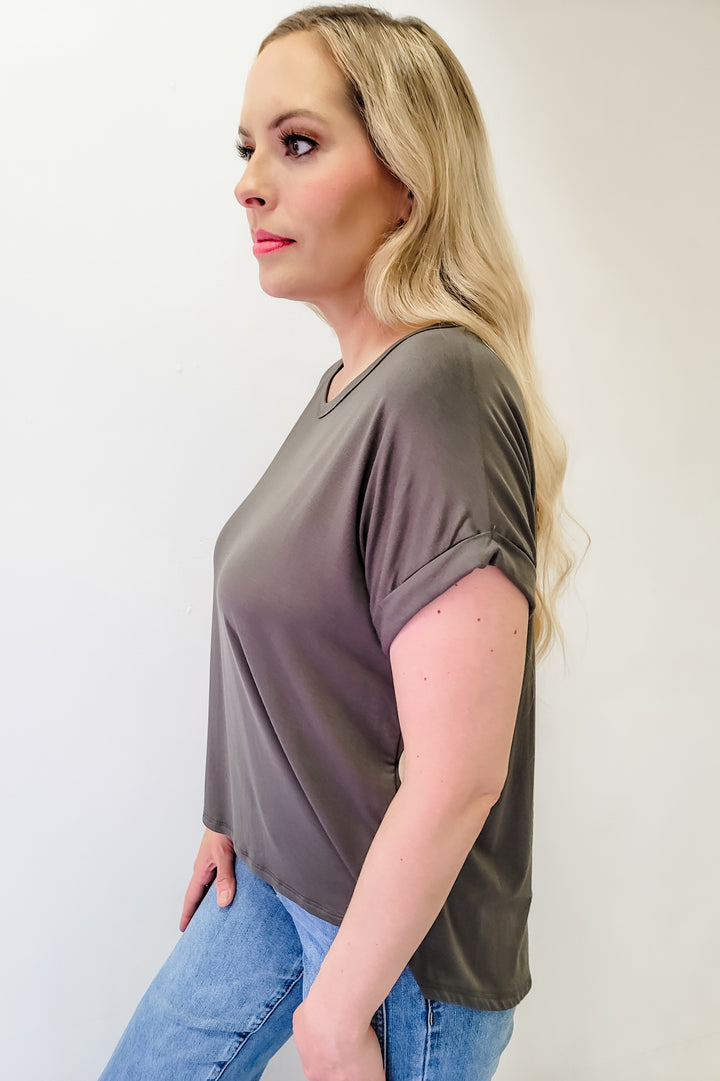 Metal Gray Rayon Modal Drop Shoulder Crew Neck Top