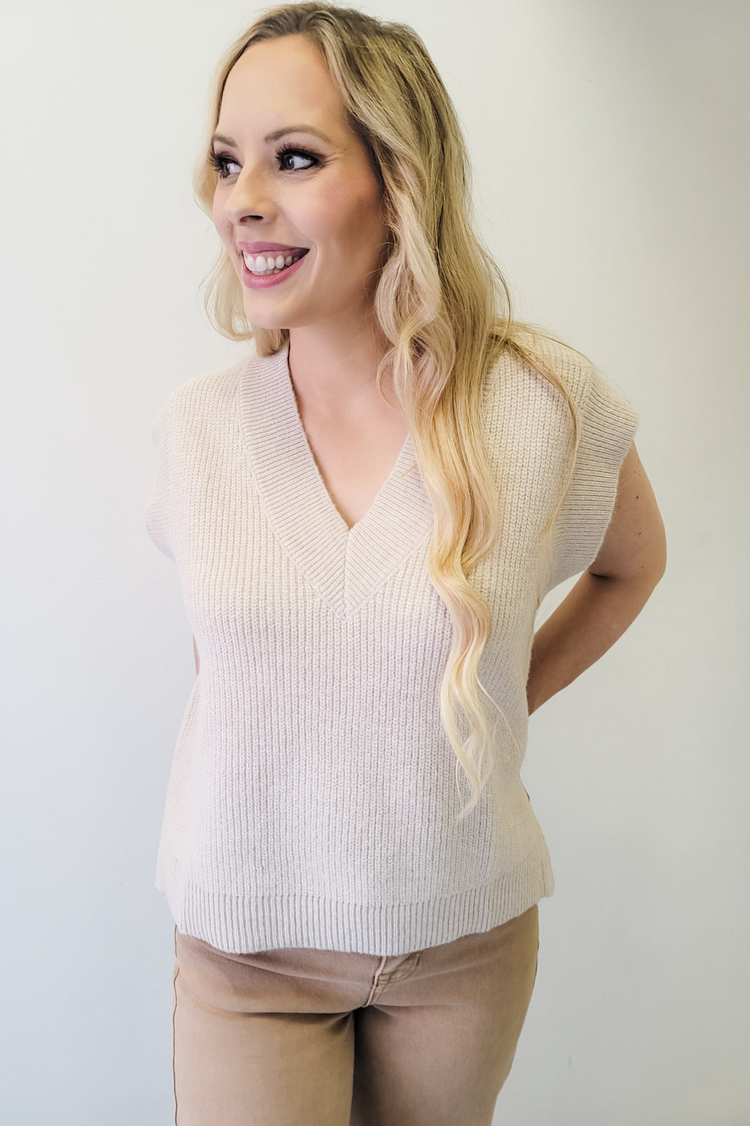 Beige V-Neck Sweater Vest Top