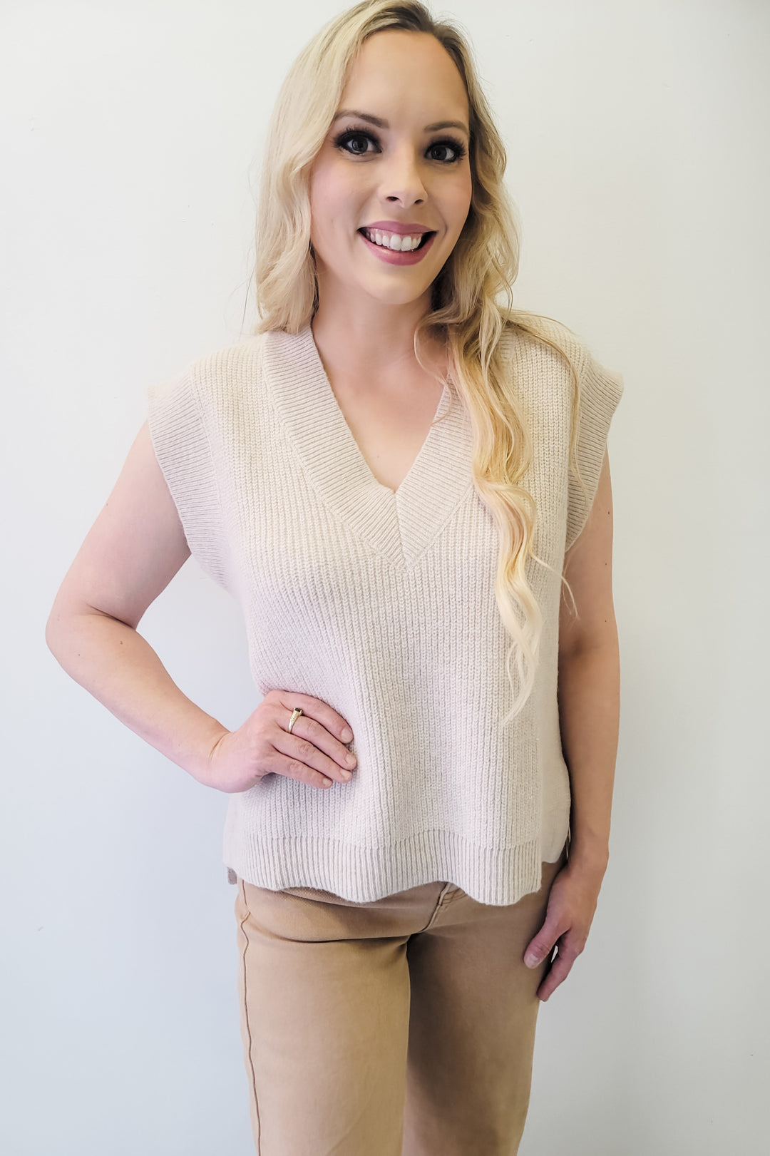 Beige V-Neck Sweater Vest Top