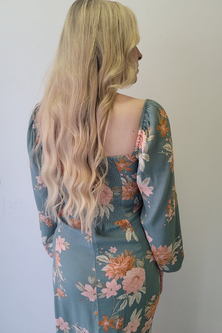 Jasper Peach Caramel Floral LS Midi Dress