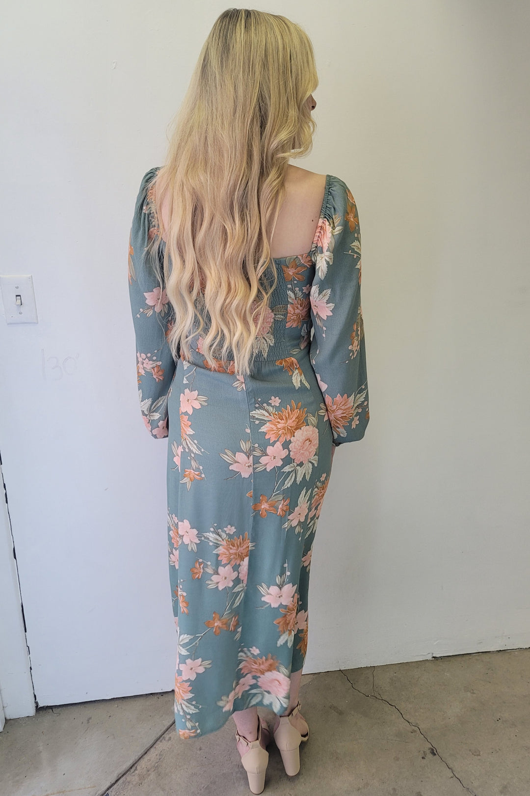 Jasper Peach Caramel Floral LS Midi Dress