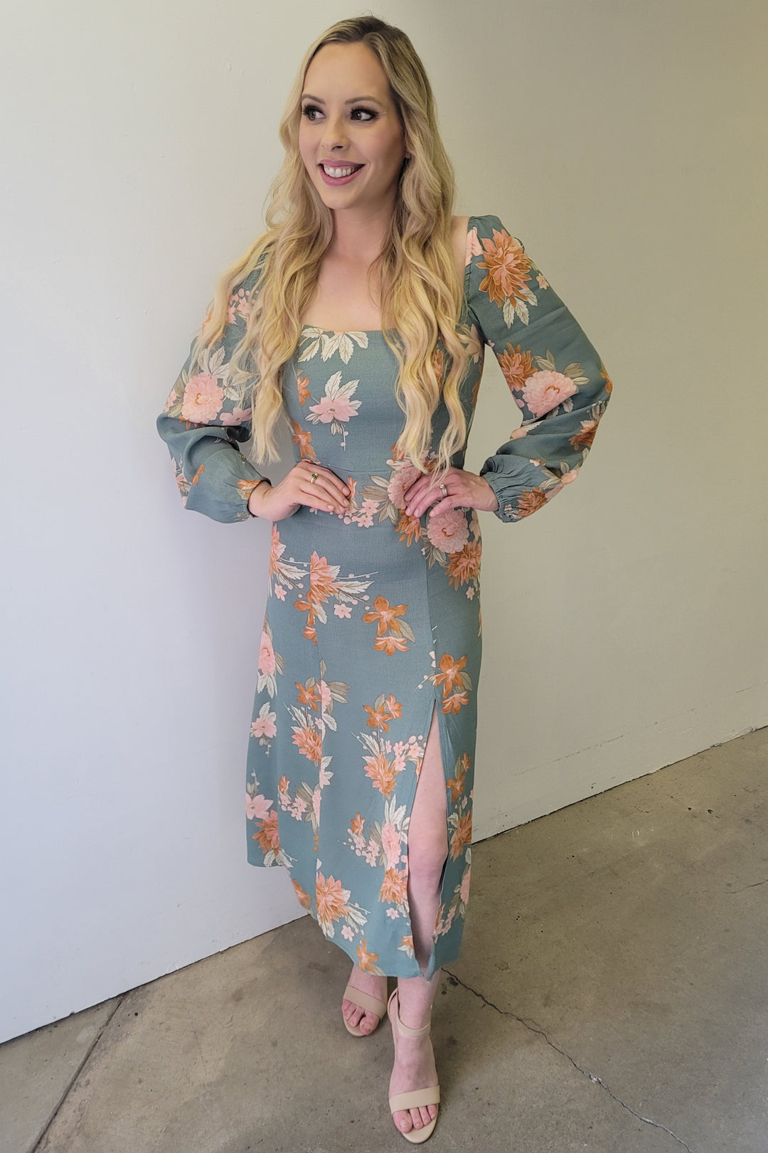 Jasper Peach Caramel Floral LS Midi Dress