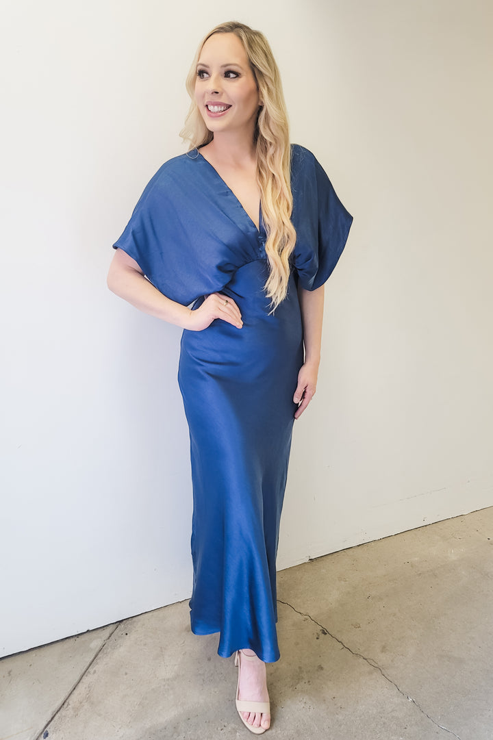 Navy Satin Butterfly Sleeve Maxi Dress