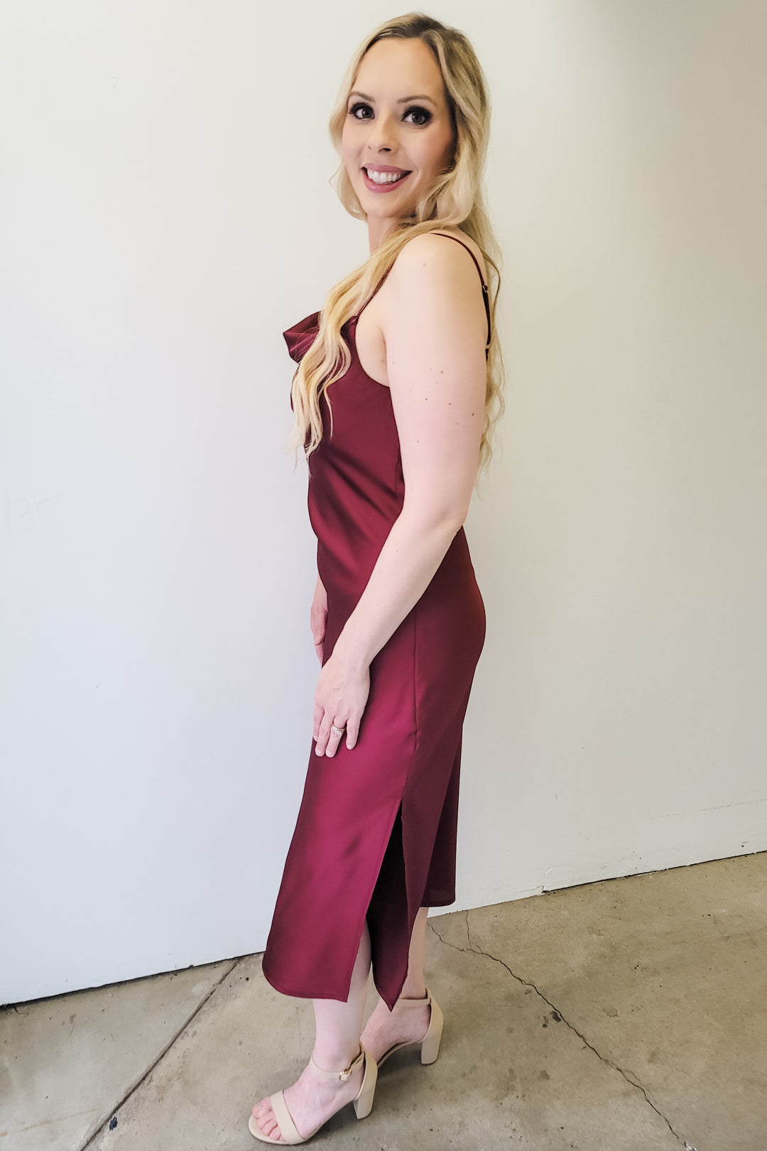 Sangria Satin Cowl Neck Midi Dress