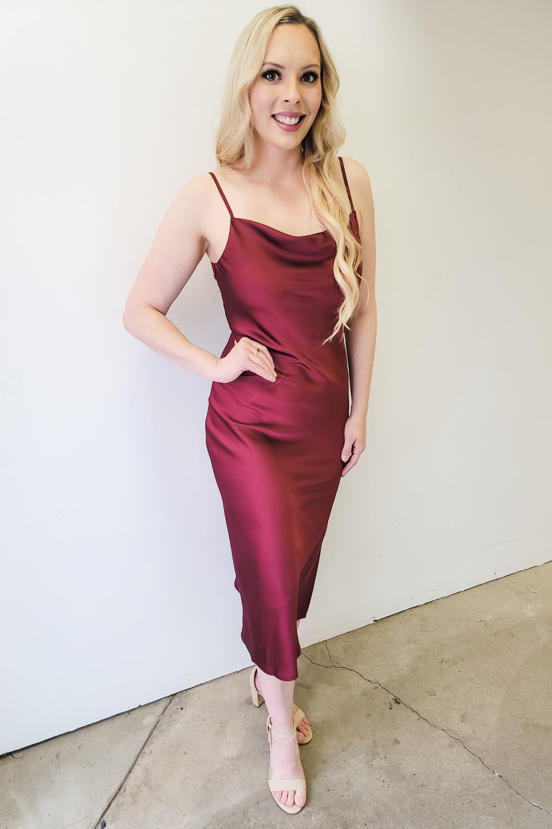 Sangria Satin Cowl Neck Midi Dress