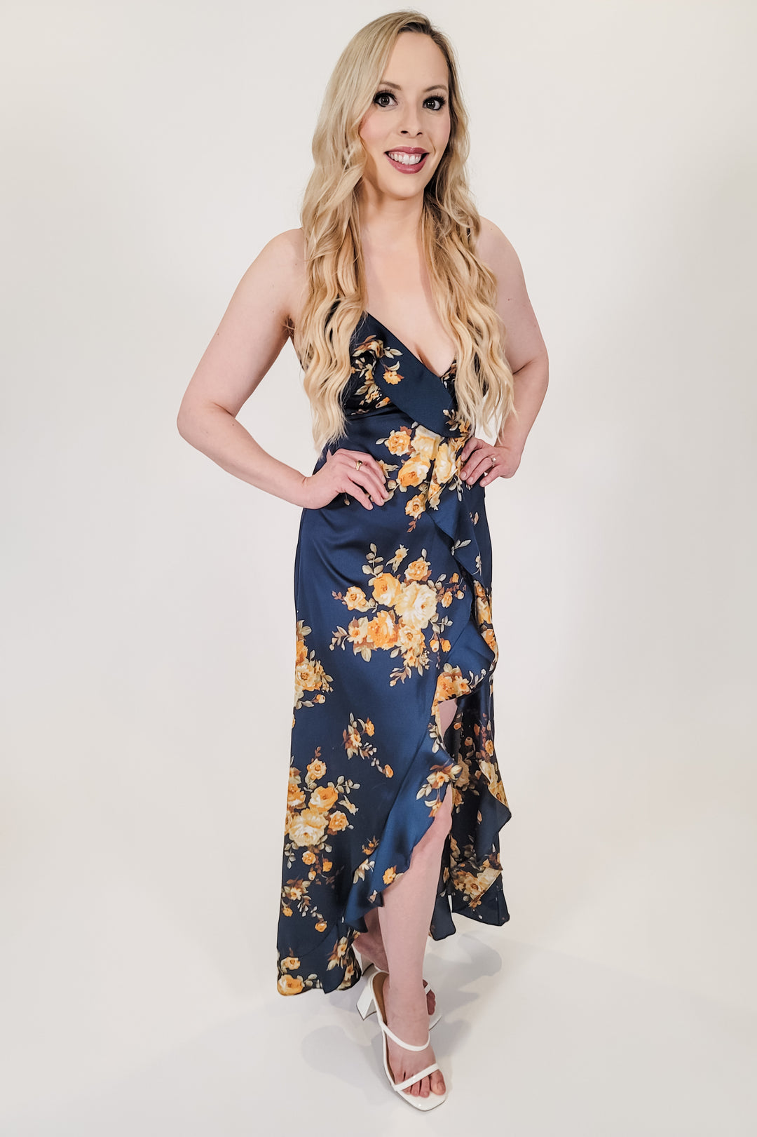 Navy Floral Asymmetrical Ruffle Maxi Dress