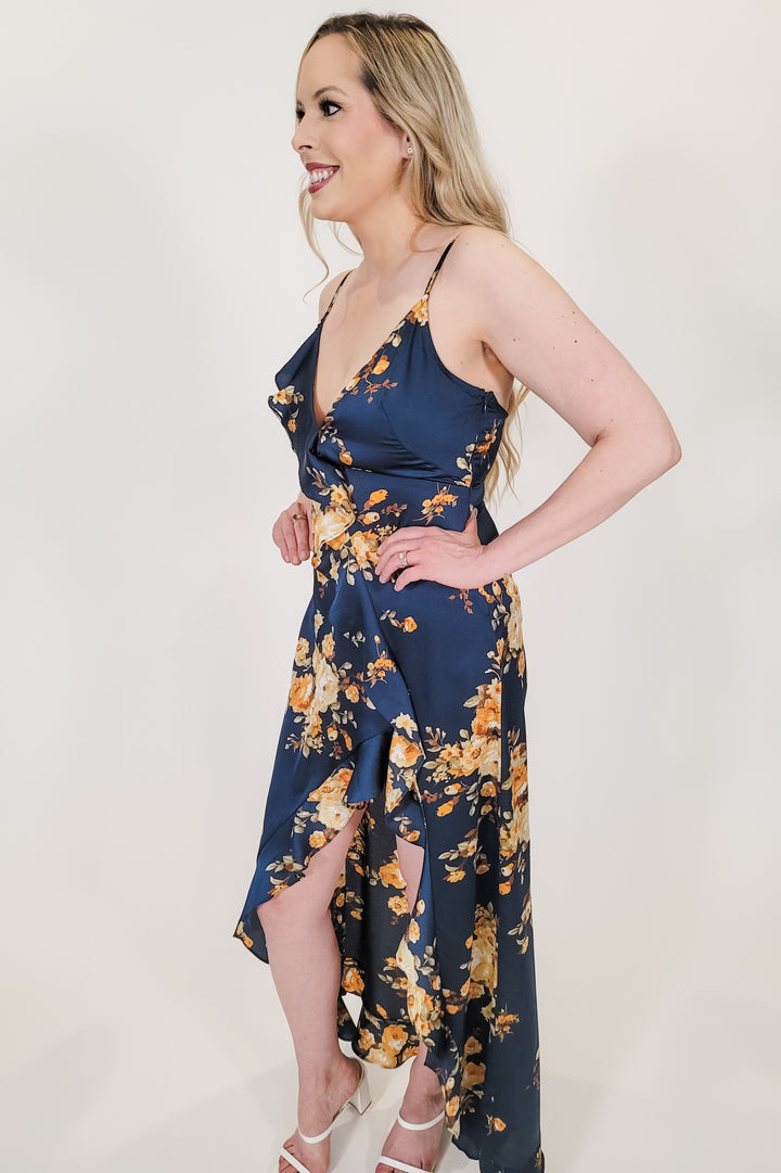 Navy Floral Asymmetrical Ruffle Maxi Dress