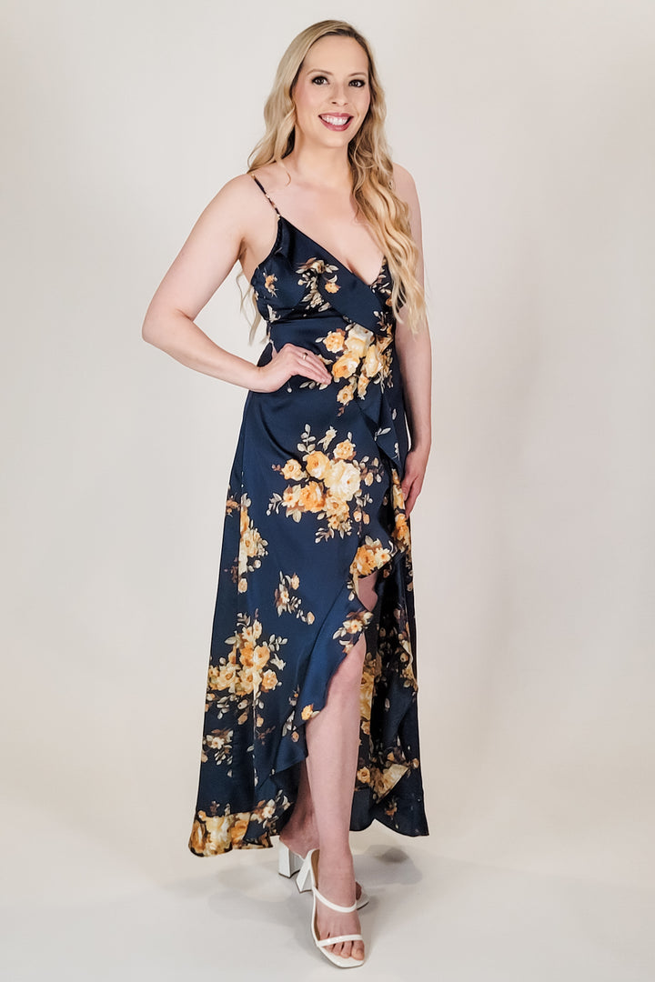 Navy Floral Asymmetrical Ruffle Maxi Dress